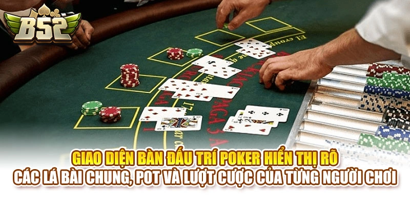 Giao diện bàn đấu trí Poker hiển thị rõ các lá bài chung, pot và lượt cược của từng người chơi