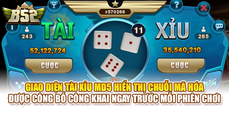 Giao diện Tài Xỉu MD5 hiển thị chuỗi mã hóa được công bố công khai ngay trước mỗi phiên chơi